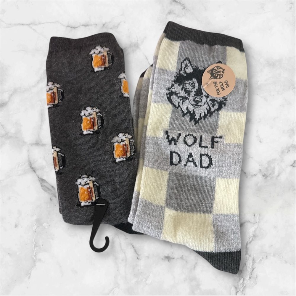 Wolf Dad Checkered Grey & White and Beer Grey & Black Socks Bundle NWT